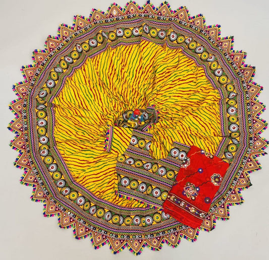 Yellow Pure Cotton Pure Cotton Lehriya Real Mirror Work Fully Stiched Navratri Lehenga Choli