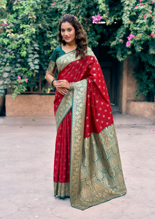 Ruby Red Art Silk Saree with Ethnic Motifs & Zari Work – Designer Wedding & Festive Wear Saree