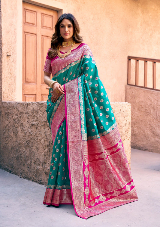 Sea Green Art Silk Saree with Ethnic Motifs & Zari Work – Designer Festive & Wedding Wear Saree