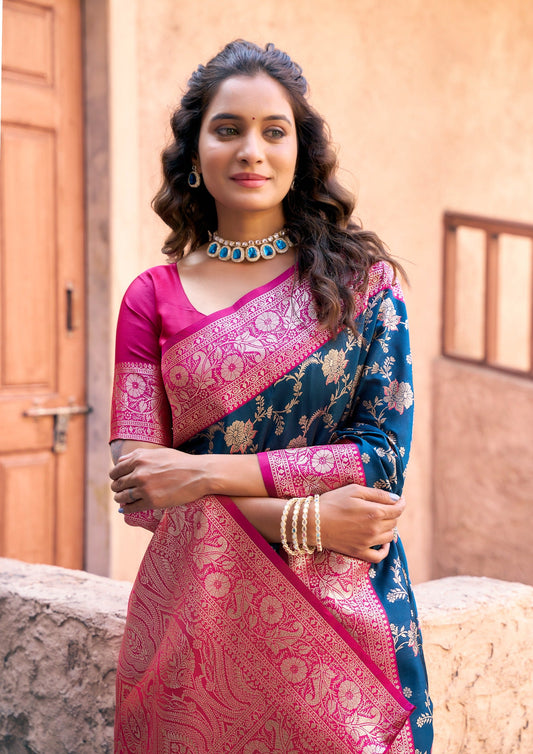Sea Blue Art Silk Saree with Ethnic Motifs & Zari Work – Designer Festive & Wedding Wear Saree