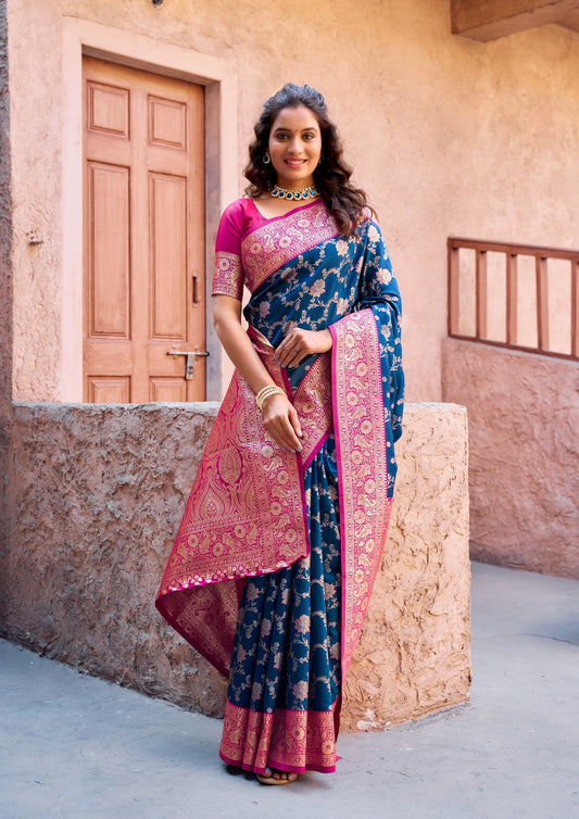 Sea Blue Art Silk Saree with Ethnic Motifs & Zari Work – Designer Festive & Wedding Wear Saree