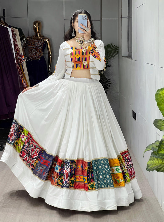 White Pure Rayon Cotton Navratri Lehenga – Multi-Design Prints with Foil Box Patterns & Designer Border