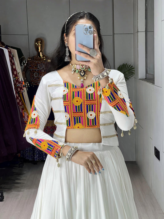 White Pure Rayon Cotton Navratri Lehenga – Multi-Design Prints with Foil Box Patterns & Designer Border