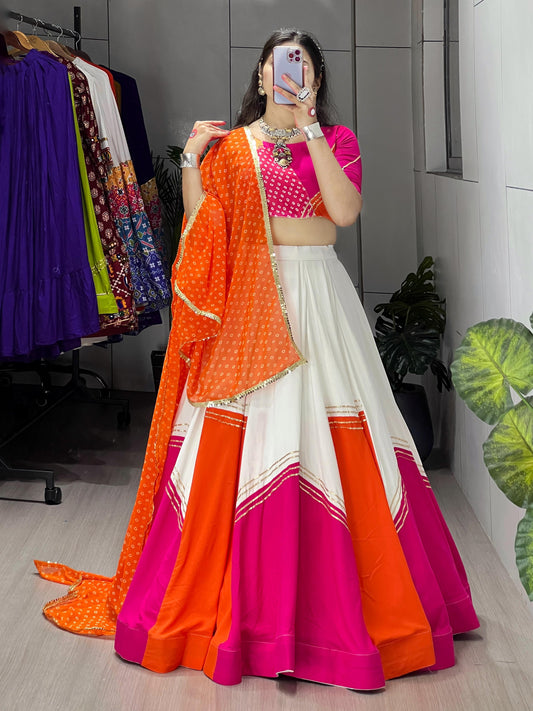 Orange & White Traditional Gamthi Work Navratri Lehenga – Real Mirror Work with Layer Patta Border
