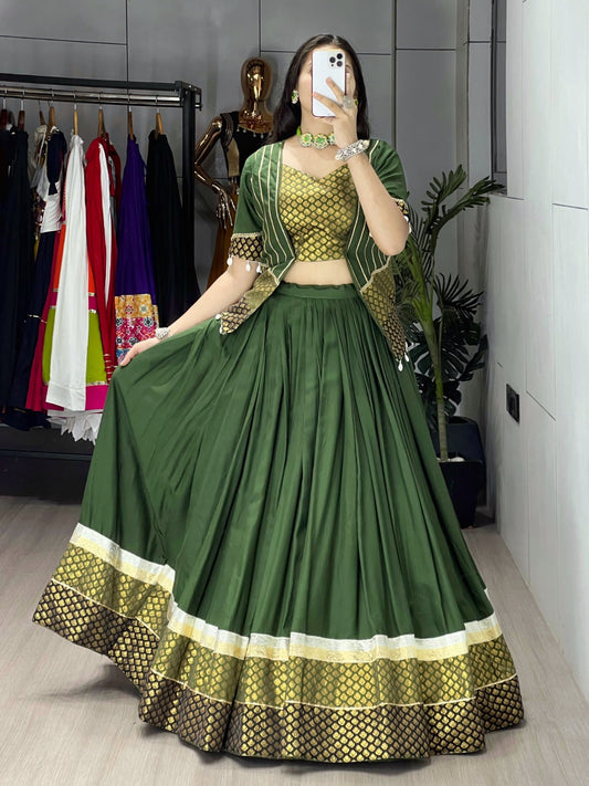 Mehendi Green Pure Rayon Cotton Navratri Lehenga – Silk Butti Work with Designer Daaman Border