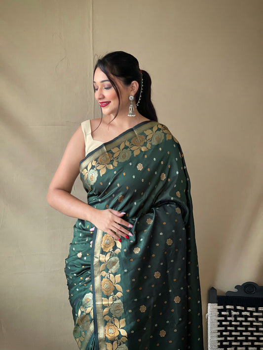 Green Soft Silk Gold Zari Weaving All Over Having Rich Weaving Saree
