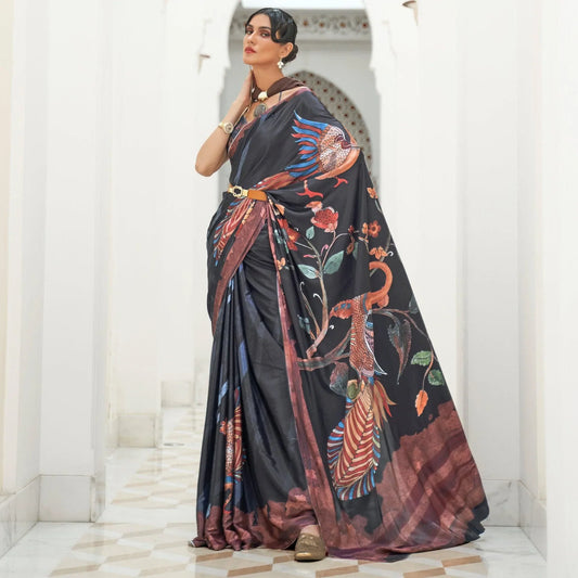 Black Partywear Floral Digital Printed Silk Saree