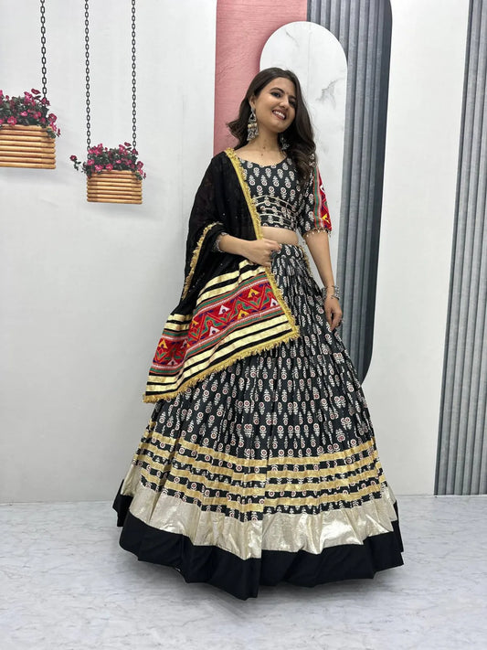 Women's Ethnic Navratri Black Lehenga Choli with Embroidered Blouse & Bandhani Dupatta