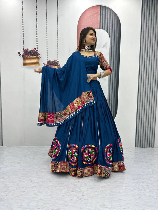Women's Ethnic Navratri Blue Lehenga Choli with Embroidered Blouse & Bandhani Dupatta