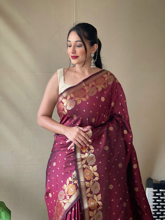 Brown Soft Silk Gold Zari Weaving All Over Having Rich Weaving Saree
