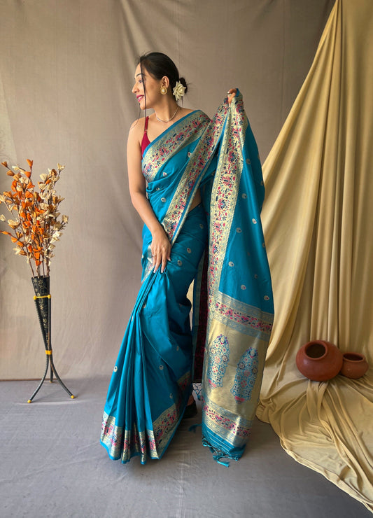 Firozi Color Floral Woven Design Zari Paithani Saree