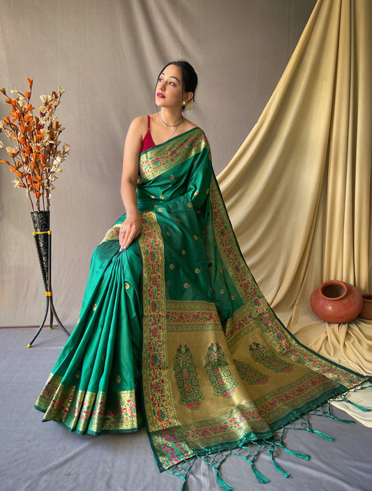 Green Color Floral Woven Design Zari Paithani Saree