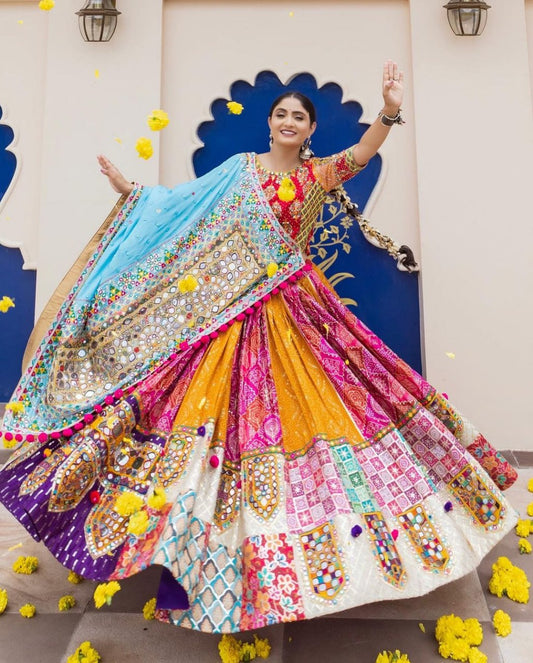 Multicolor Fancy Digital Print Soft Butter Silk Real Mirror Work Navaratri Lehenga Choli