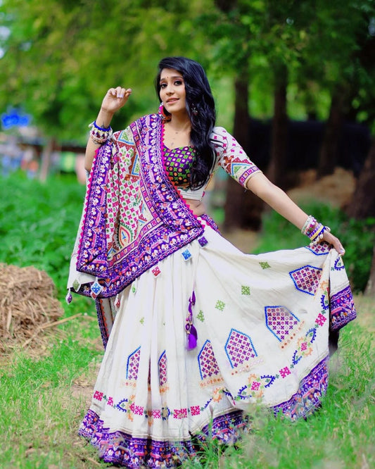 White Purple Fancy Digital Print With Real Mirror Work Navaratri Lehenga Choli