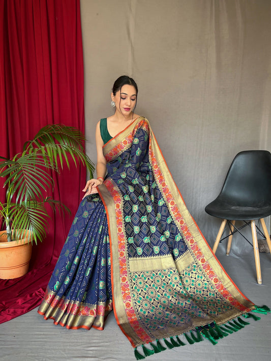 Navy Blue Kachii Patola Weaving Saree With Meenakari Border Saree