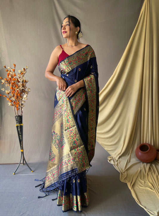 Navy Blue Color Floral Woven Design Zari Paithani Saree