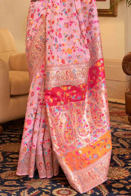 Rose Pink Kashmiri Modal Handloom Weaving Saree