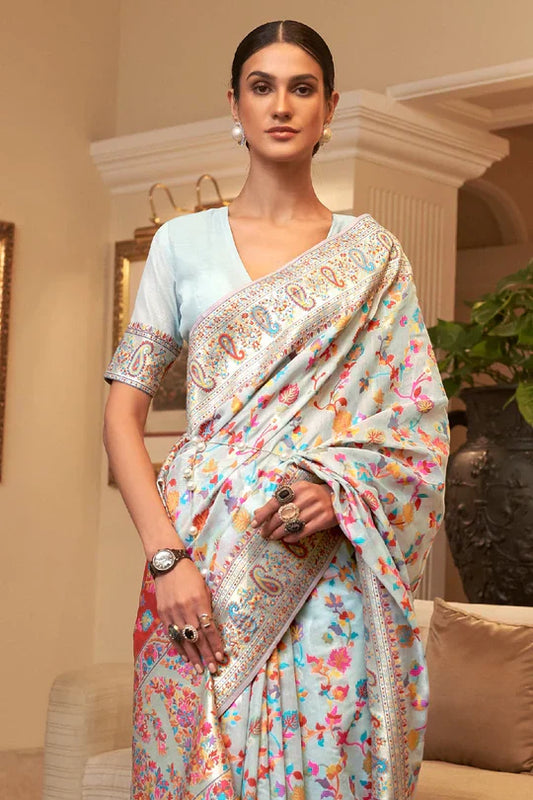 Water Blue Kashmiri Modal Handloom Weaving Saree