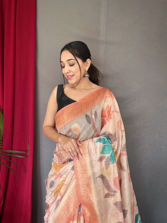 Peach Chanderi Silk With Digital Printed Silk Saree