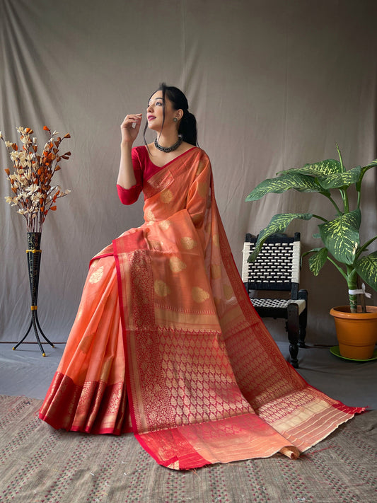 Peach Soft Linen Weaving Sarees With Contrast Weaving Border And Pallu. Paired With Contrast Unstitched Blouse