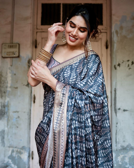 PURE SILK DIGITALLY PRINTED SAREE WEAVED WITH GOLDEN ZARI COMES WITH TASSELS