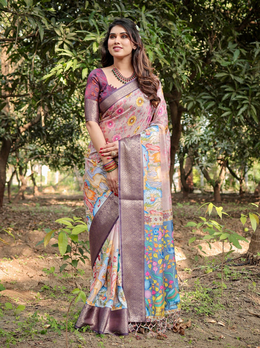 PURE SILK DIGITALLY PRINTED SAREE WEAVED WITH GOLDEN ZARI COMES WITH TASSELS