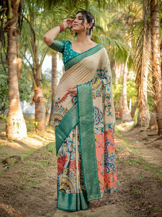 PURE SILK DIGITALLY PRINTED SAREE WEAVED WITH GOLDEN ZARI COMES WITH TASSELS