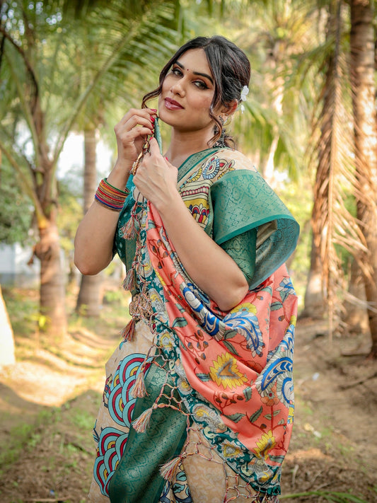 PURE SILK DIGITALLY PRINTED SAREE WEAVED WITH GOLDEN ZARI COMES WITH TASSELS