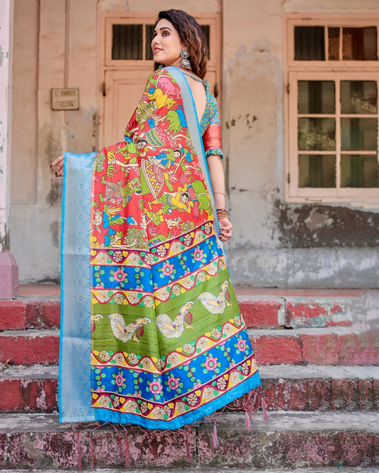 PURE SILK DIGITALLY PRINTED SAREE WEAVED WITH GOLDEN ZARI COMES WITH TASSELS