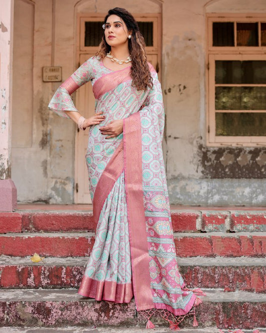 PURE SILK DIGITALLY PRINTED SAREE WEAVED WITH GOLDEN ZARI COMES WITH TASSELS