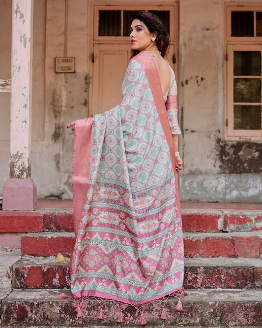 PURE SILK DIGITALLY PRINTED SAREE WEAVED WITH GOLDEN ZARI COMES WITH TASSELS