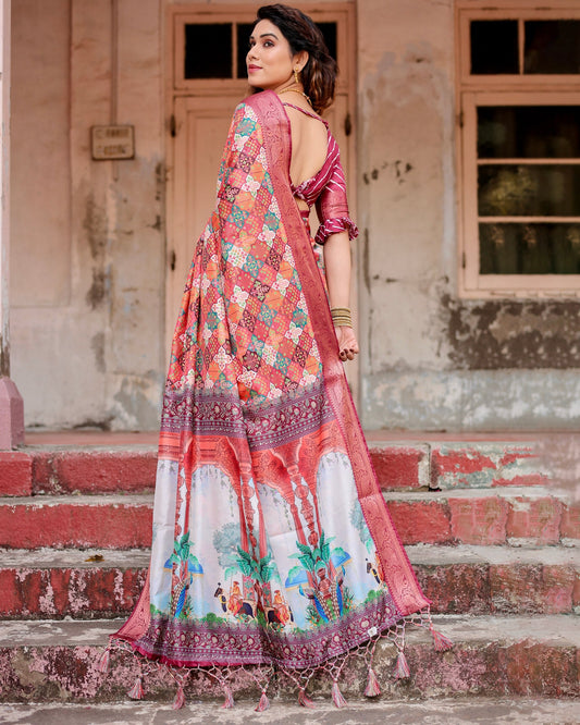 PURE SILK DIGITALLY PRINTED SAREE WEAVED WITH GOLDEN ZARI COMES WITH TASSELS