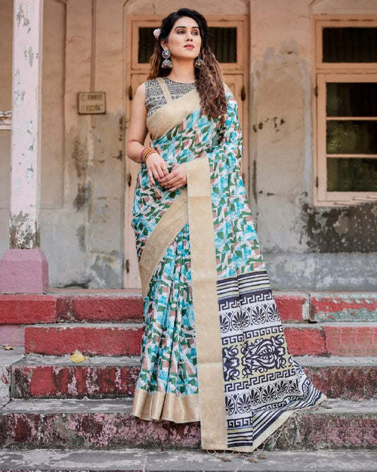 PURE SILK DIGITALLY PRINTED SAREE WEAVED WITH GOLDEN ZARI COMES WITH TASSELS