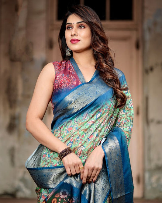 PURE SILK DIGITALLY PRINTED SAREE WEAVED WITH GOLDEN ZARI COMES WITH TASSELS