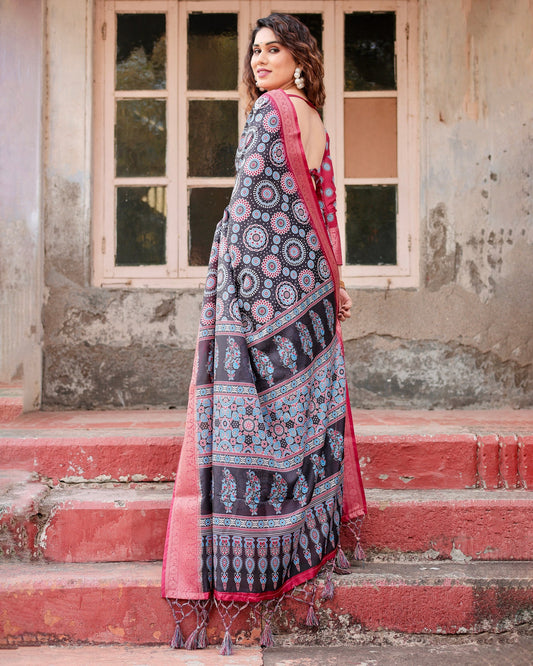 PURE SILK DIGITALLY PRINTED SAREE WEAVED WITH GOLDEN ZARI COMES WITH TASSELS