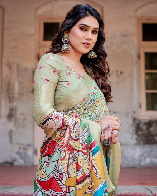 PURE SILK DIGITALLY PRINTED SAREE WEAVED WITH GOLDEN ZARI COMES WITH TASSELS