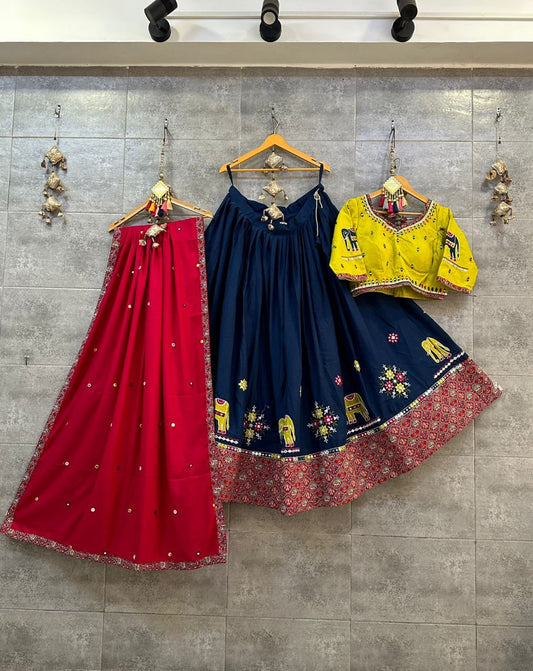 Blue Parrot Fancy Digital Print Real Mirror Work Navratri Lehenga