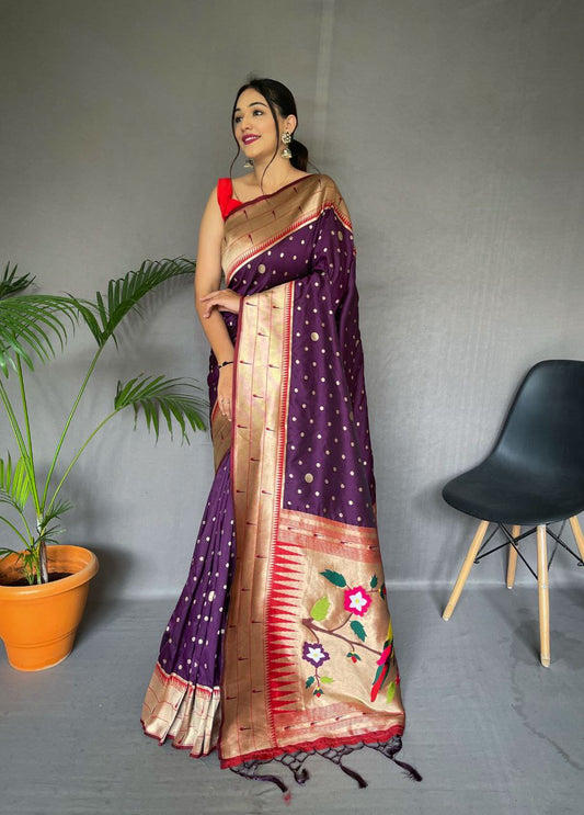 Violet Pure Paithani Silk Saree With Paithani Rich Weaved Pallu With Tassels And Unique Mottif Pattern