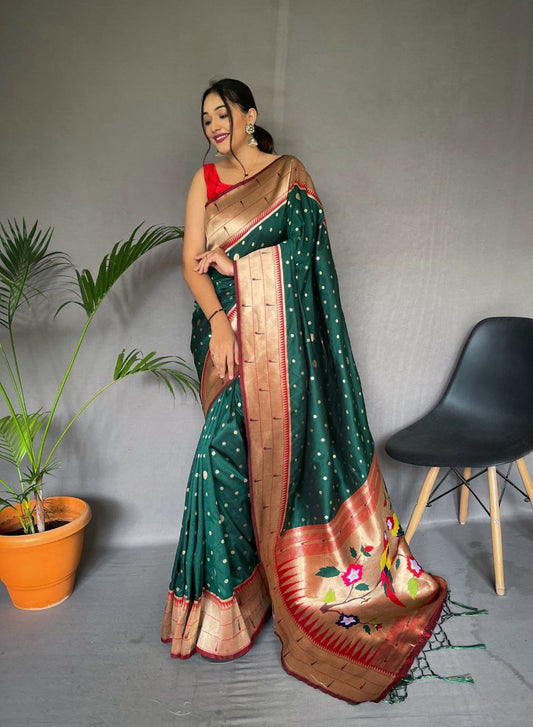 Forest Green Pure Paithani Silk Saree With Paithani Rich Weaved Pallu With Tassels And Unique Mottif Pattern