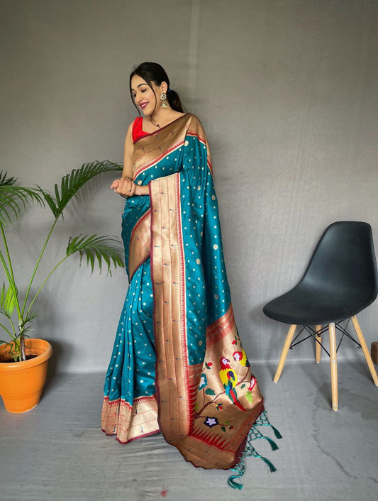 Cyan Blue Pure Paithani Silk Saree With Paithani Rich Weaved Pallu With Tassels And Unique Mottif Pattern