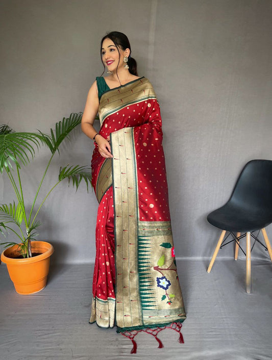 Rufous Red Pure Paithani Silk Saree With Paithani Rich Weaved Pallu With Tassels And Unique Mottif Pattern