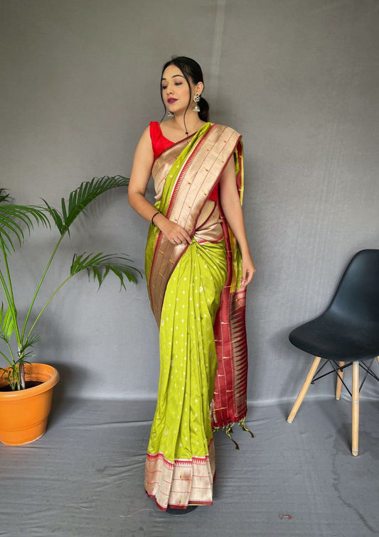 Chartreuse Green Pure Paithani Silk Saree With Paithani Rich Weaved Pallu With Tassels And Unique Mottif Pattern