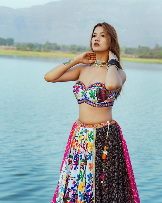 White Colour Fancy Digital Print Work And Real Mirror Work Navratri Lehenga Choli