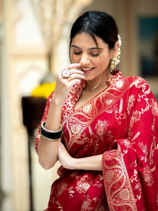 Red Color Pure Banarasi Golden Zari Weaving and Soft Silk Saree