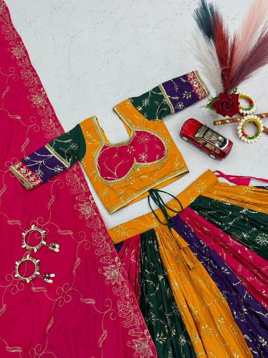 Women's Navratri Special Multicolor Lehenga Choli with 6 Meter Flair & Embroidered Dupatta