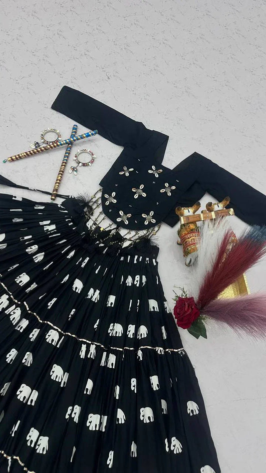 Black Pure Cotton Chaniya Choli with Hand Work Top and 9 Meter Flair Lehenga