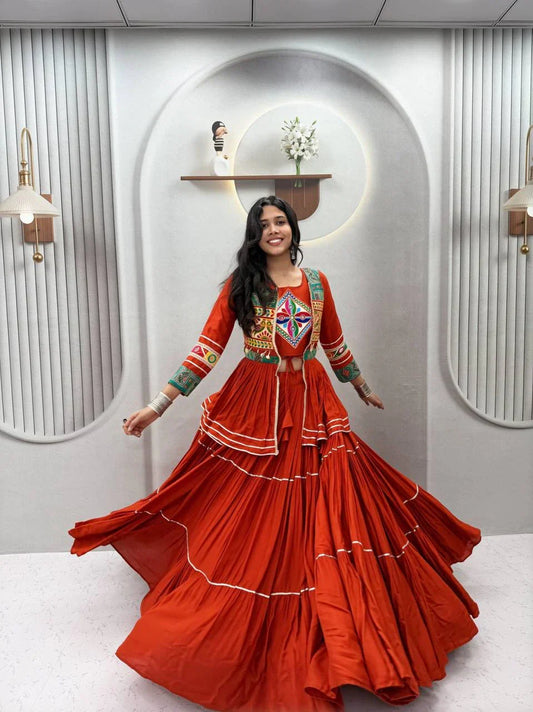 Navratri Special Pure Cotton Koti Chaniya Choli with Gamthi Work and Ribbon Lace Flared Lehenga