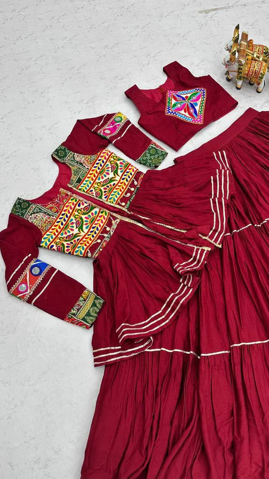 Navratri Pure Cotton Koti Chaniya Choli with Gamthi Work and Ribbon Lace Flared Lehenga