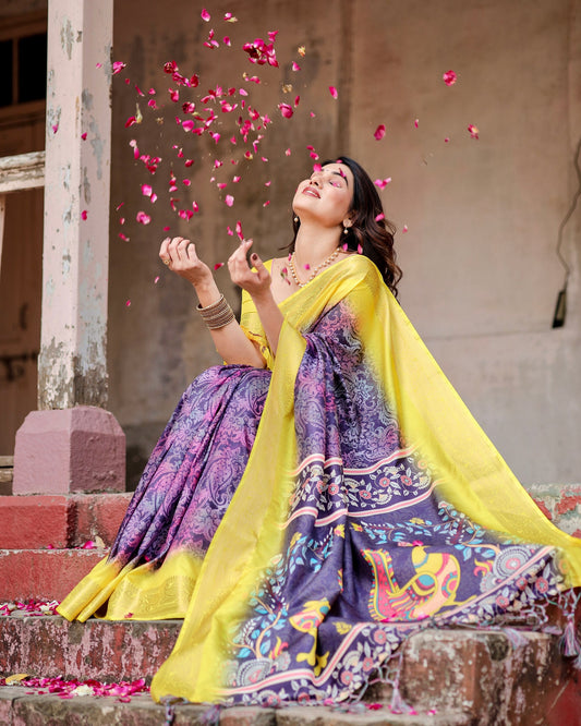 PURE SILK DIGITALLY PRINTED SAREE WEAVED WITH GOLDEN ZARI COMES WITH TASSELS