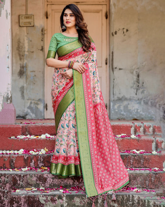 PURE SILK DIGITALLY PRINTED SAREE WEAVED WITH GOLDEN ZARI COMES WITH TASSELS